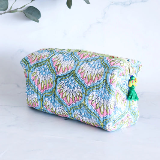 Green Floral Block Print Quilted Cosmetic Bag-Med