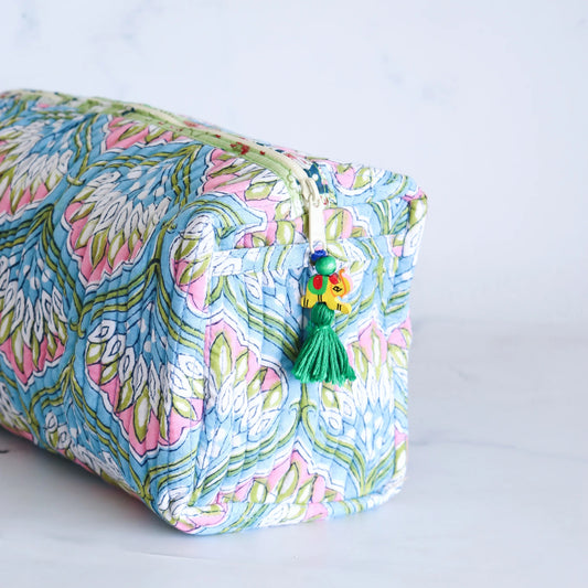 Green Floral Block Print Quilted Cosmetic Bag- Large