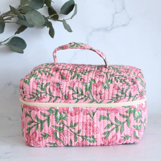 Large Pink Floral Block Print Quilted Vanity Bag