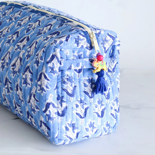 Blue Floral Block Print Quilted Cosmetic Bag-Med