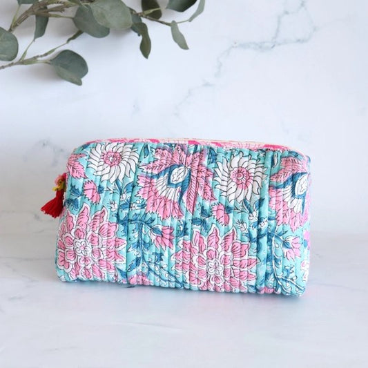 Teal Floral Block Print Quilted Cosmetic Bag- Large