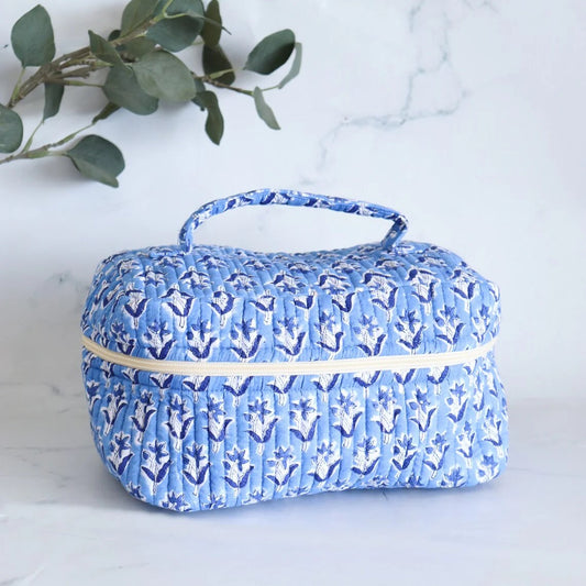 Large Blue Floral Block Print Quilted Vanity Bag