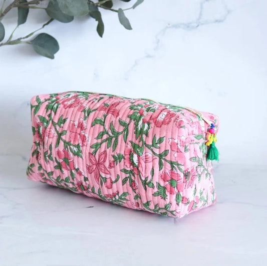 Pink Floral Block Print Quilted Cosmetic Bag-Med