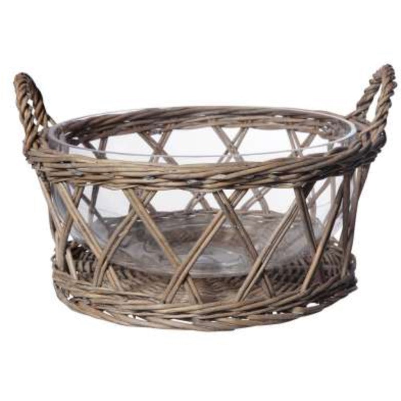 Large Natural Basket With Glass Bowl