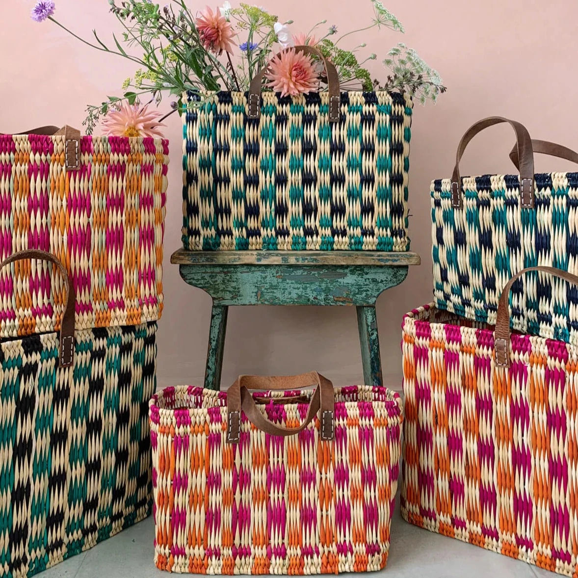 Chequered Reed Baskets, Pink and Orange