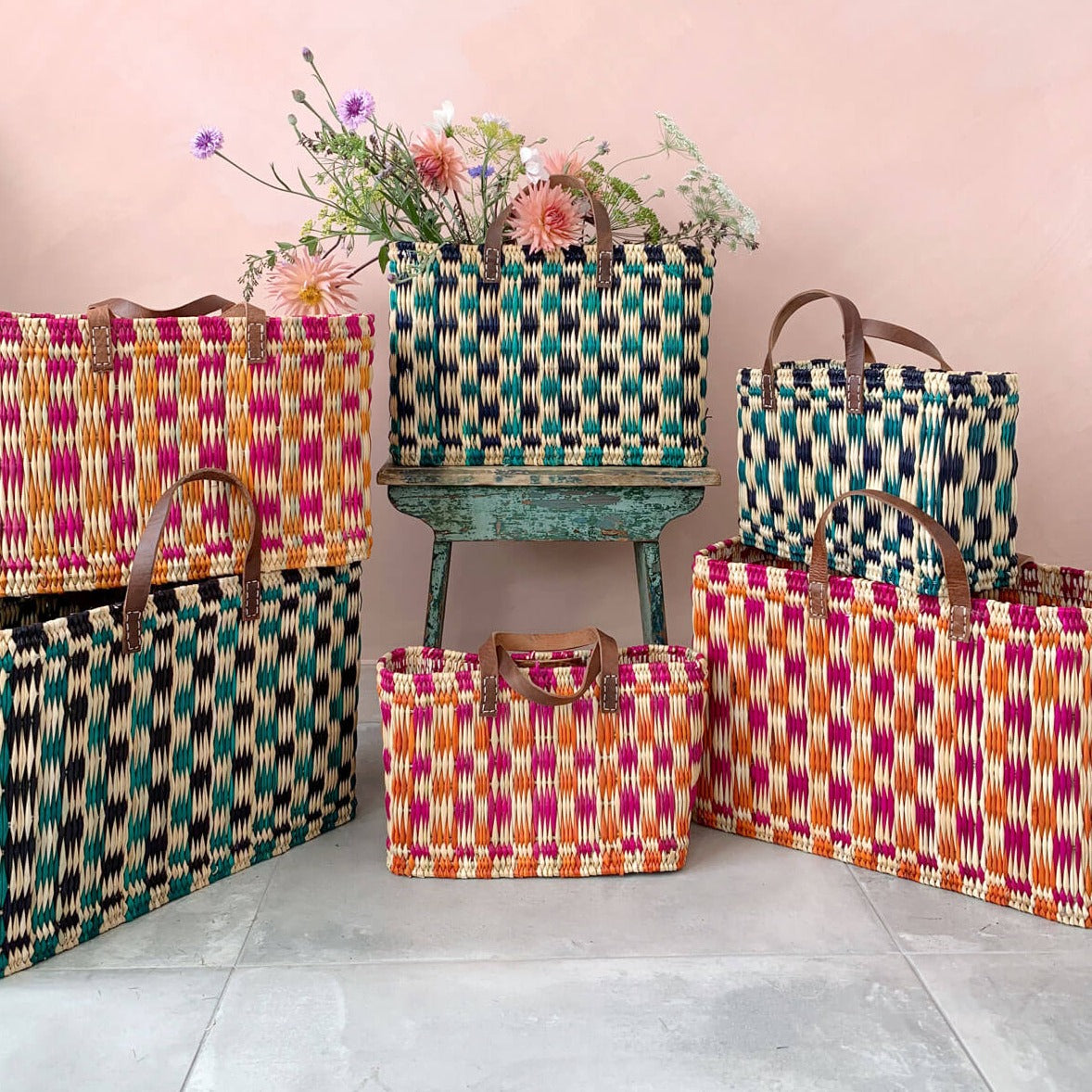 Chequered Reed Baskets, Pink and Orange