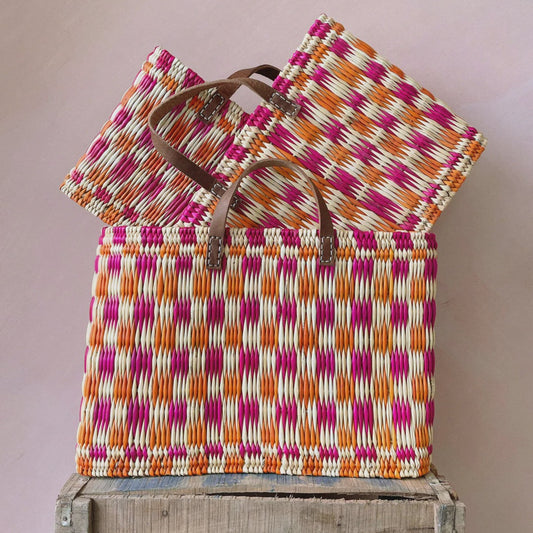 Chequered Reed Baskets, Pink and Orange