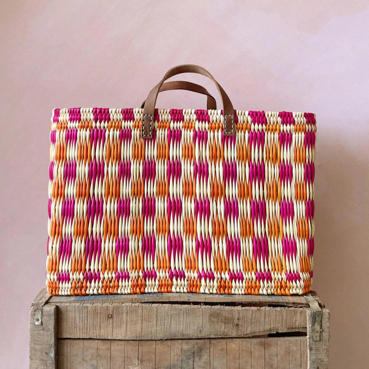 Chequered Reed Baskets, Pink and Orange