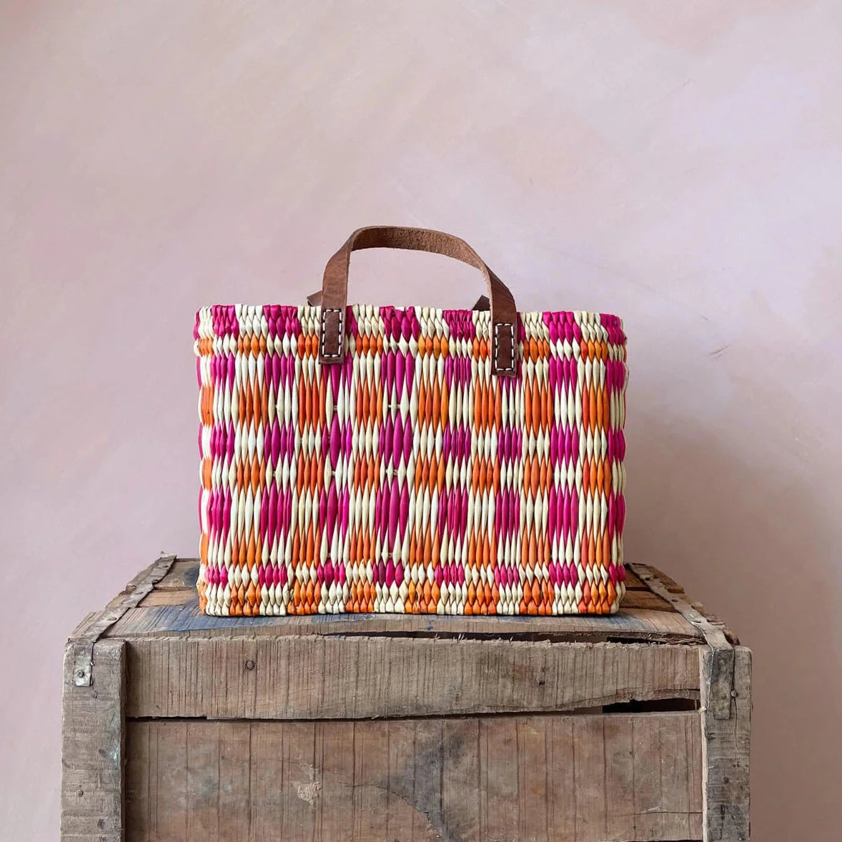 Chequered Reed Baskets, Pink and Orange