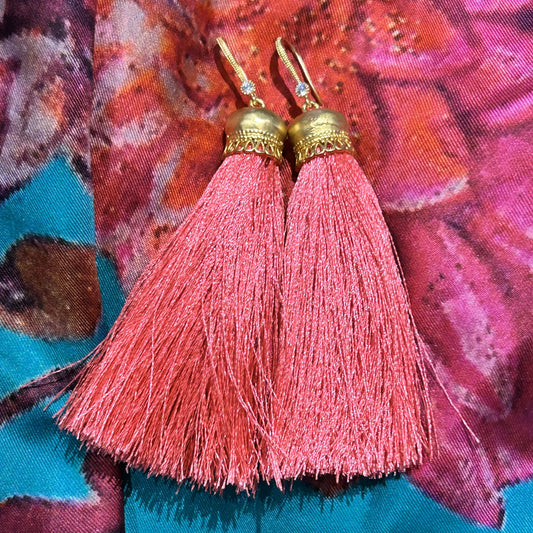 Bright Pink Silk Tassel Earrings