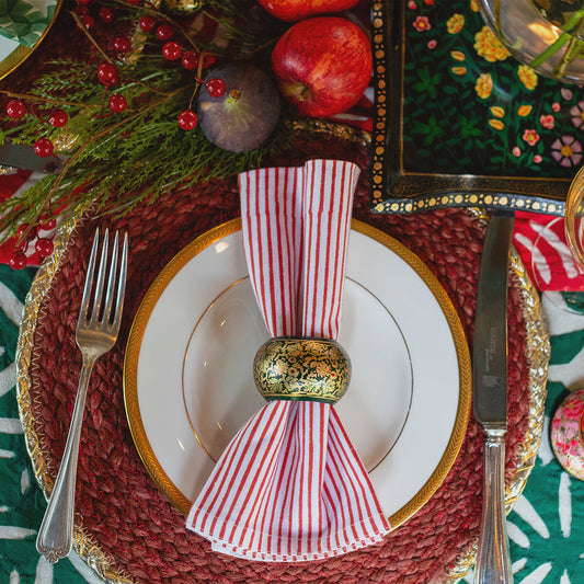 SCARLET Striped Blockprint Napkins x4