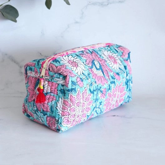 Teal Floral Block Print Quilted Cosmetic Bag-Med