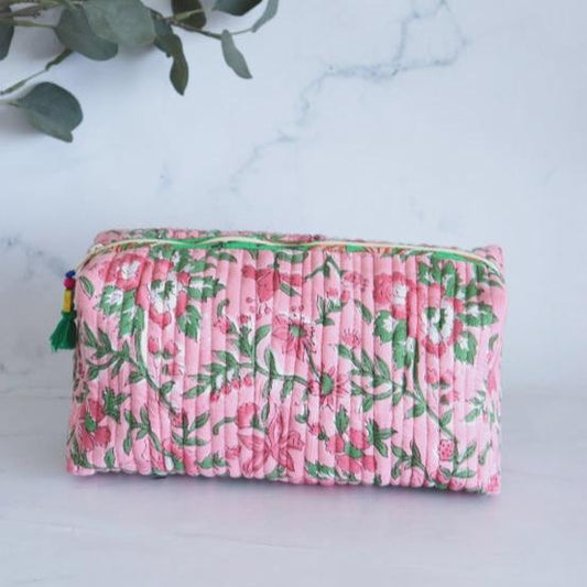 Pink Floral Block Print Quilted Cosmetic Bag- Large